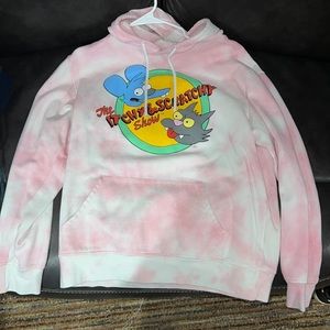 Large pink and white the itchy and scratchy show sweatshirt from the simpsons.